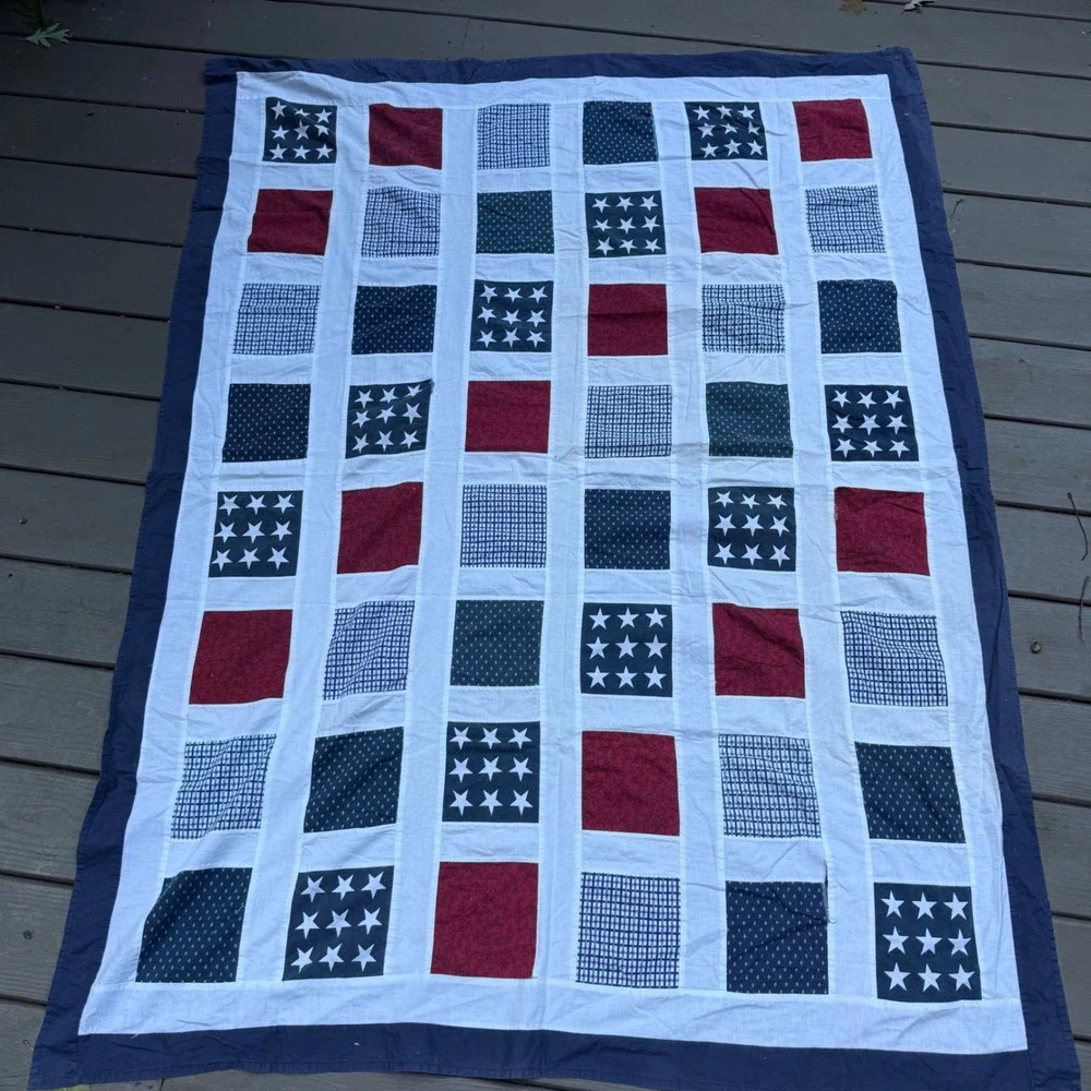 1. Handmade Patriotic Patchwork Quilt Top 70.5x54 Red White Blue Stars Americana